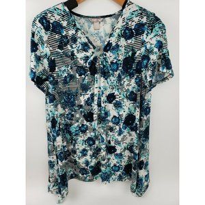 White Stag Women's 2XL(20) Up/Down Hem Floral Blouse Silver Ring Key Hole Neck